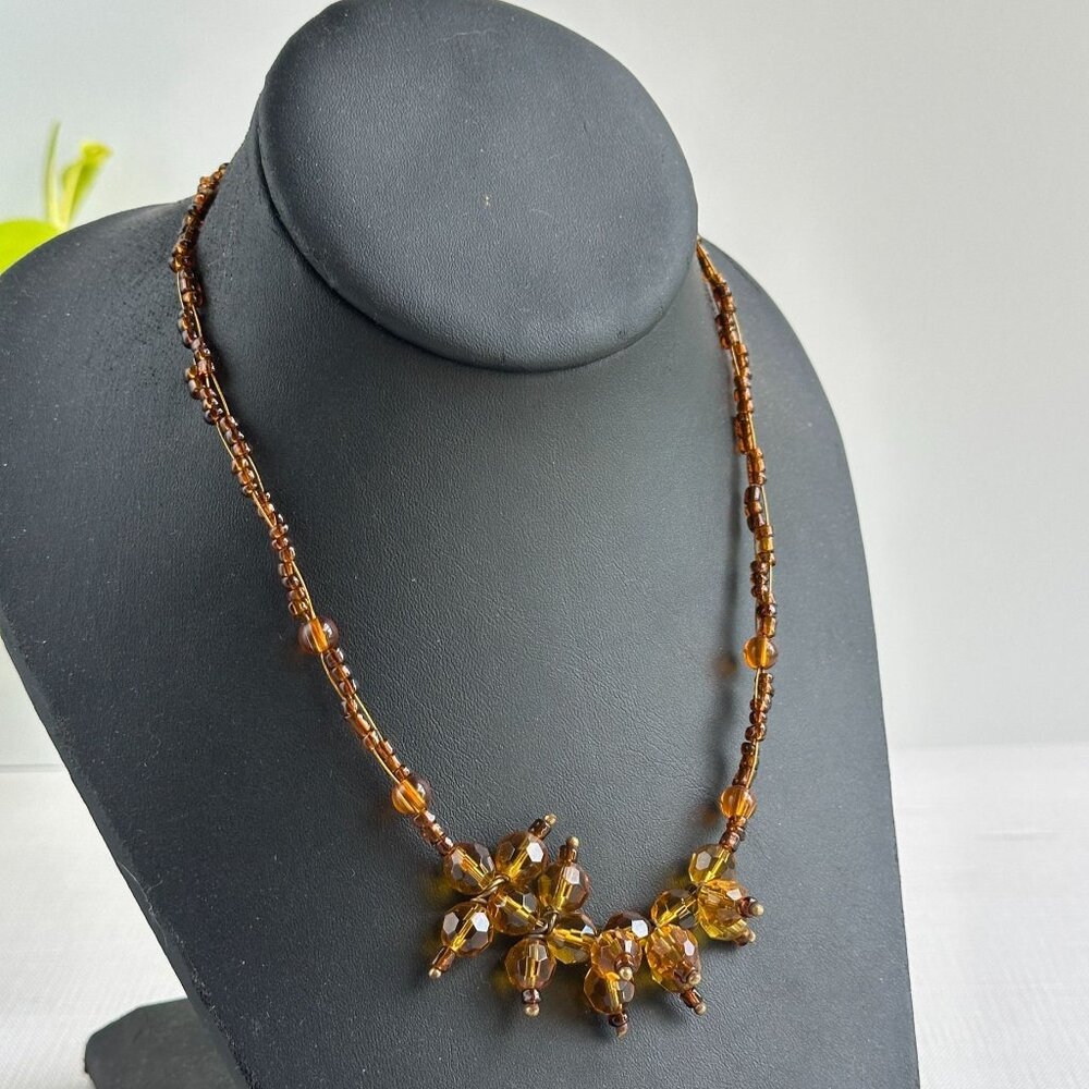 Amber Glass Bead Necklace Adjustable 16"-18" With Clustered Bead Accent - Picture 3 of 10
